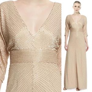 NWT Aidan Mattox V Neck Beaded Gold Gown
